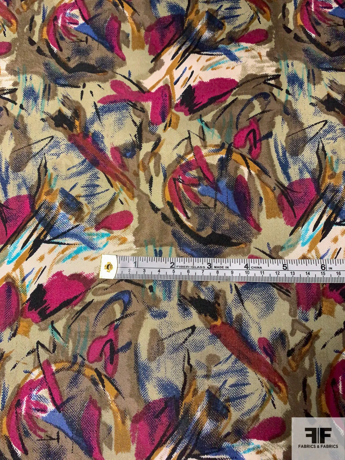 Abstract Painterly Floral Printed Vintage Silk Twill- Light Olive / Browns / Wine Grape / Indigo