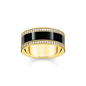 Band ring with black cold enamel and zirconia