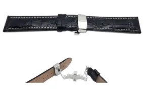 Black Alligator Grain White Stitched Long Watch Strap with Deployment Clasp