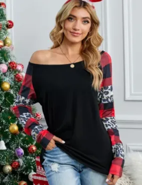 Black Off Shoulder Plaid&Leopard Print Long Sleeve Top