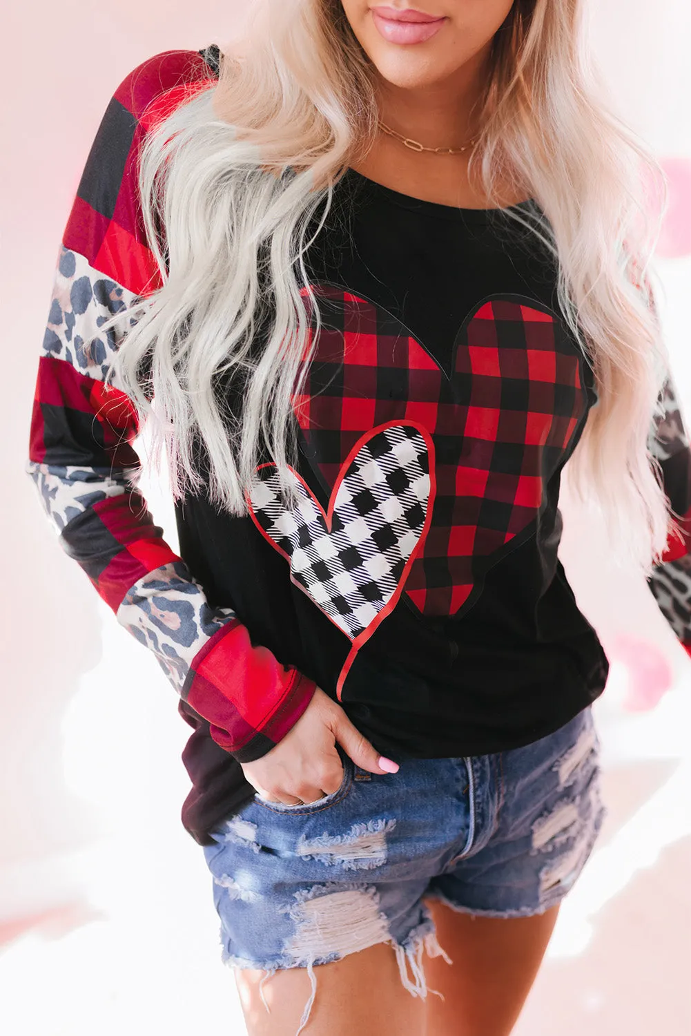 Black Valentines Heart Print Plaid Leopard Joint Sleeve Blouse