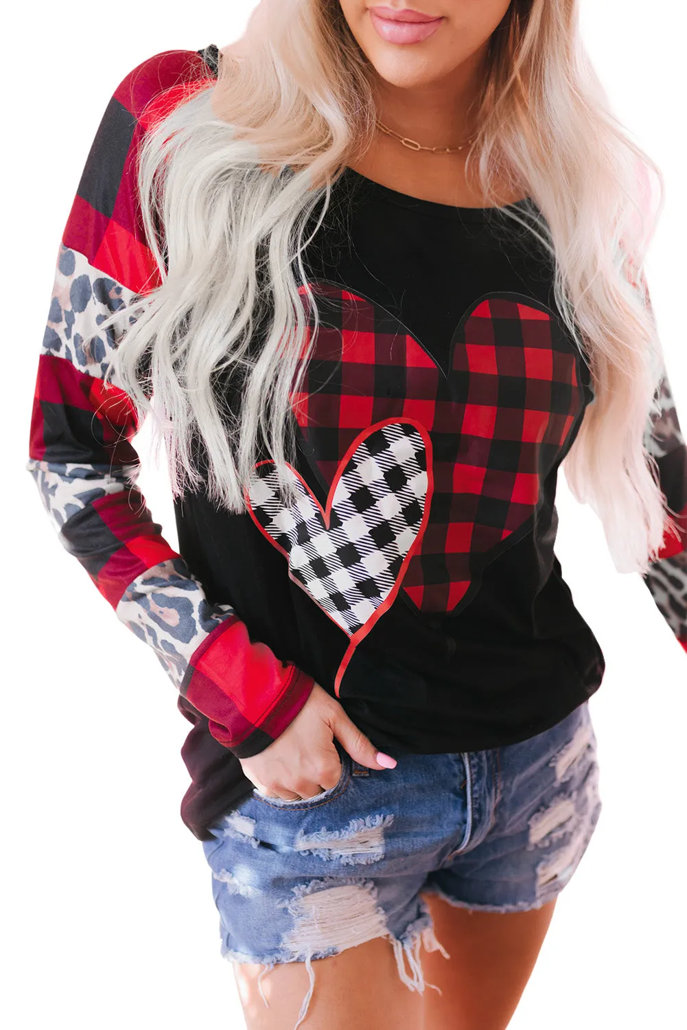 Black Valentines Heart Print Plaid Leopard Joint Sleeve Blouse