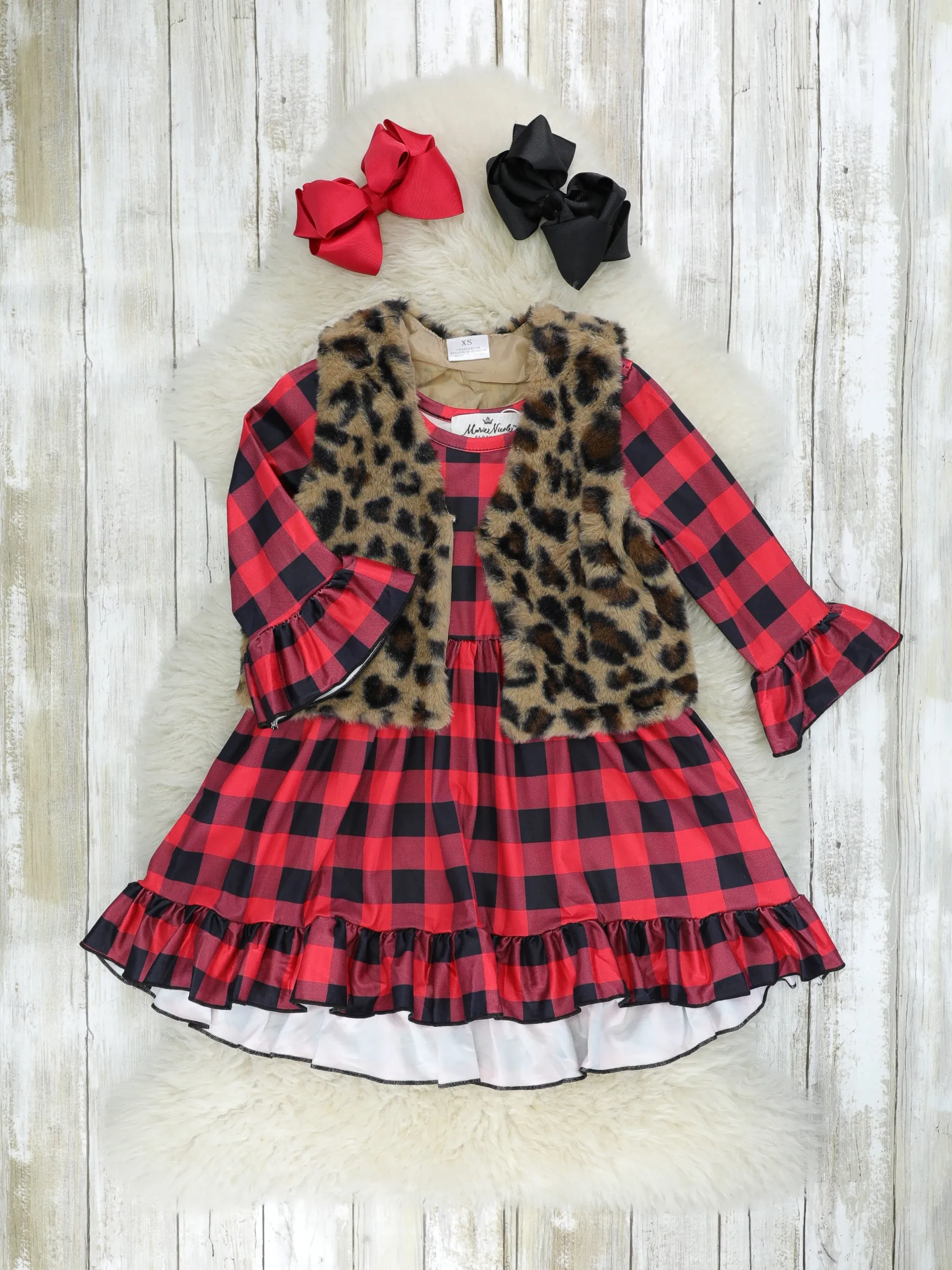 Buffalo Plaid Bell Sleeve Ruffle Dress W/ Leopard Vest