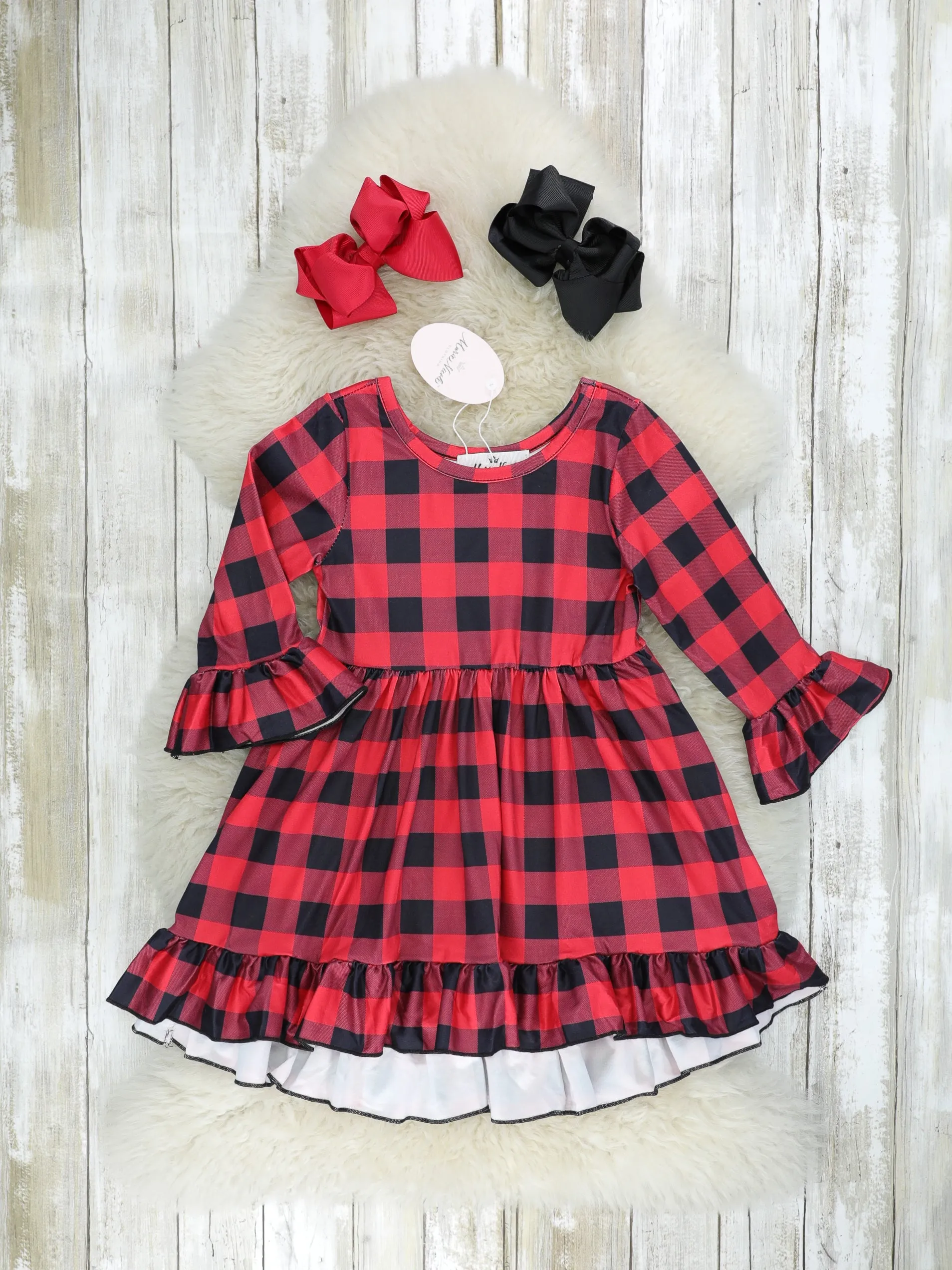 Buffalo Plaid Bell Sleeve Ruffle Dress W/ Leopard Vest