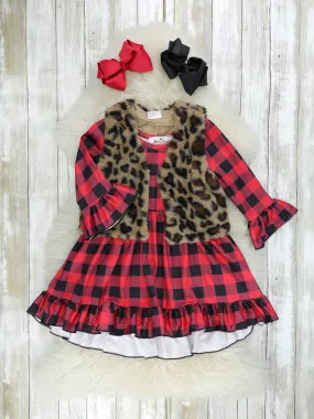 Buffalo Plaid Bell Sleeve Ruffle Dress W/ Leopard Vest