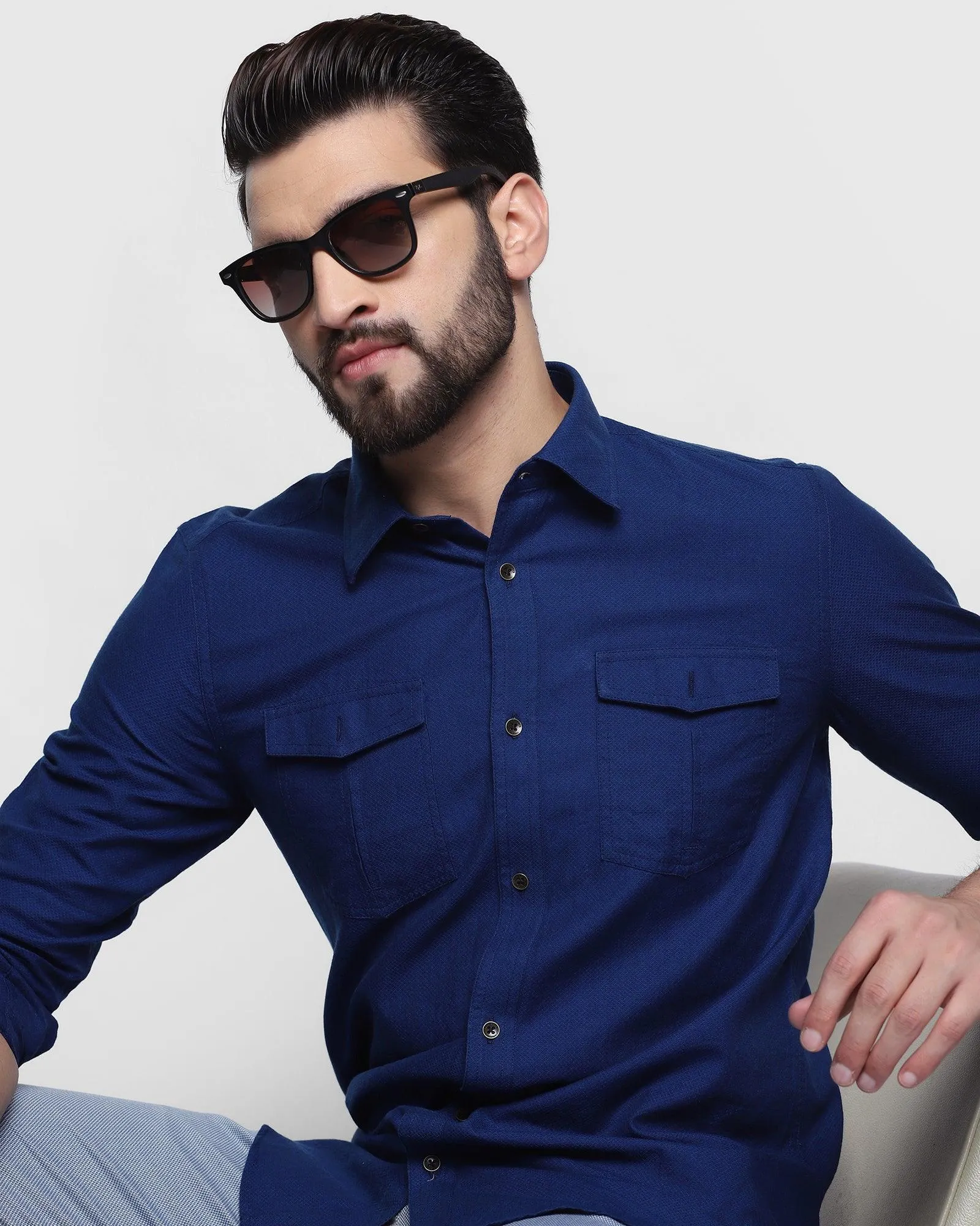 Casual Dark Indigo Textured Shirt - Dos