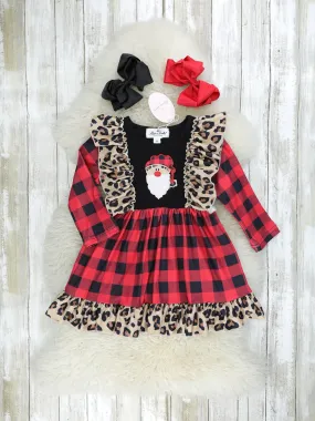 Leopard Buffalo Plaid Santa Ruffle Dress