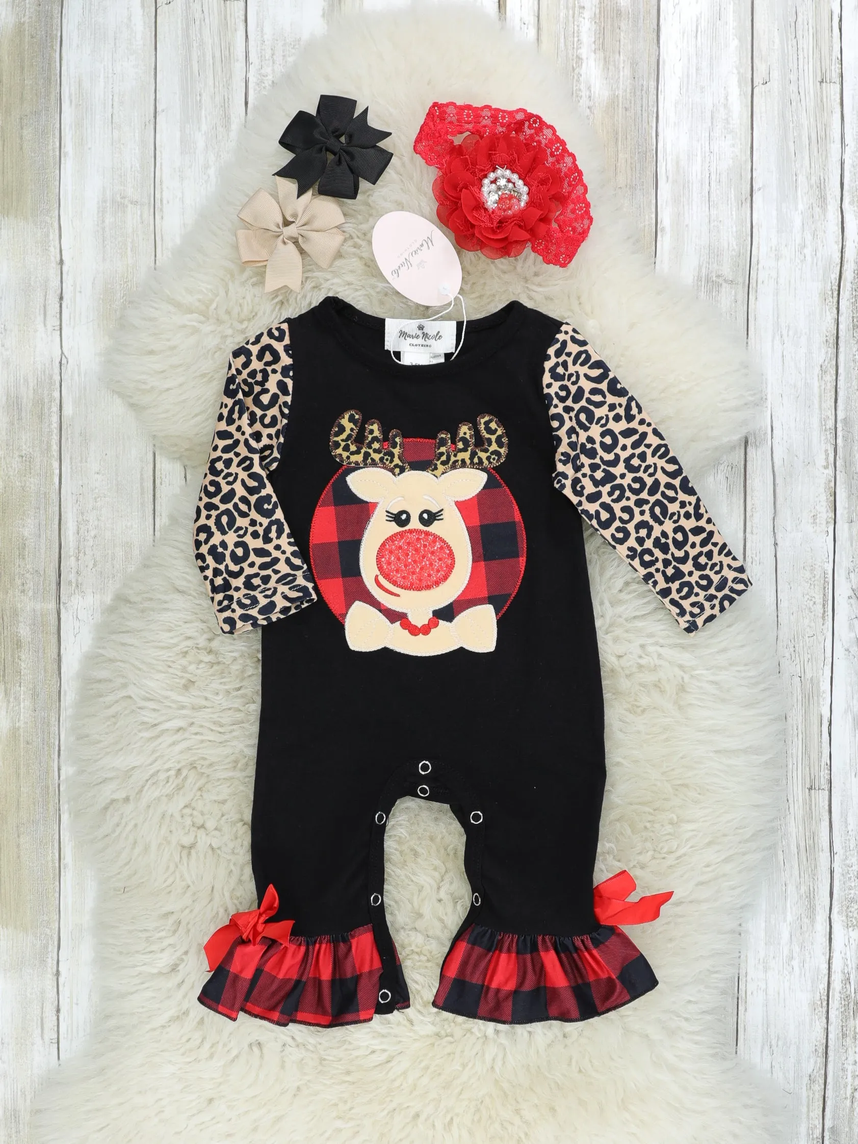 Leopard Reindeer Ruffle Raglan Romper