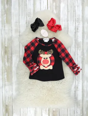 Leopard Reindeer Ruffle Raglan Shirt