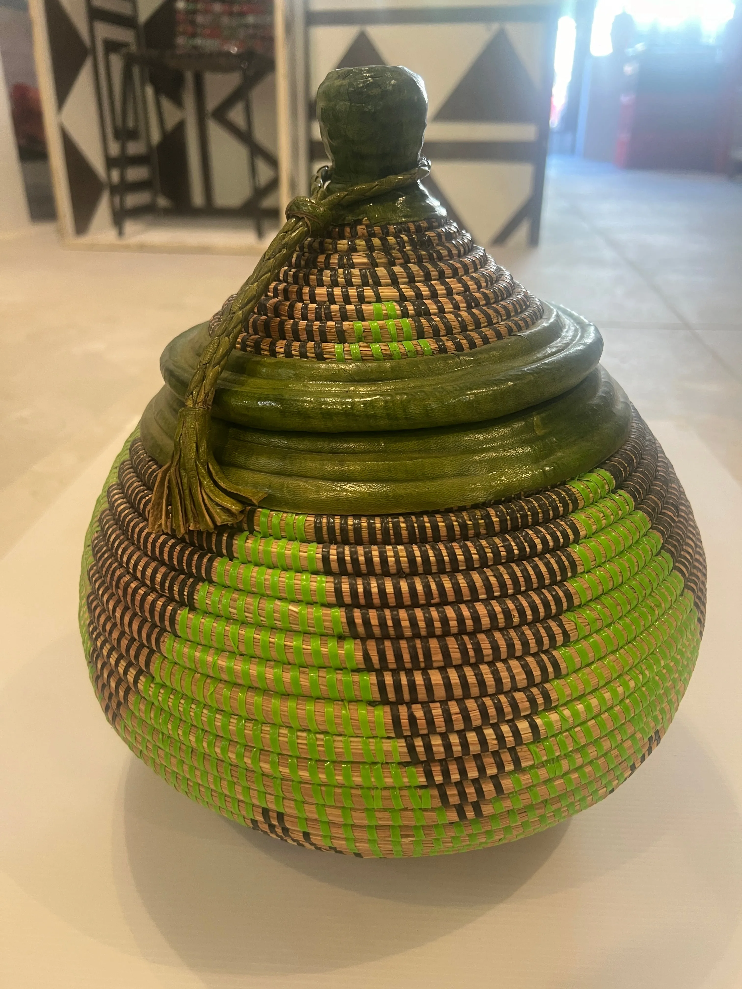 Lucia Green Bulb Shaped Woven   Leather Basket