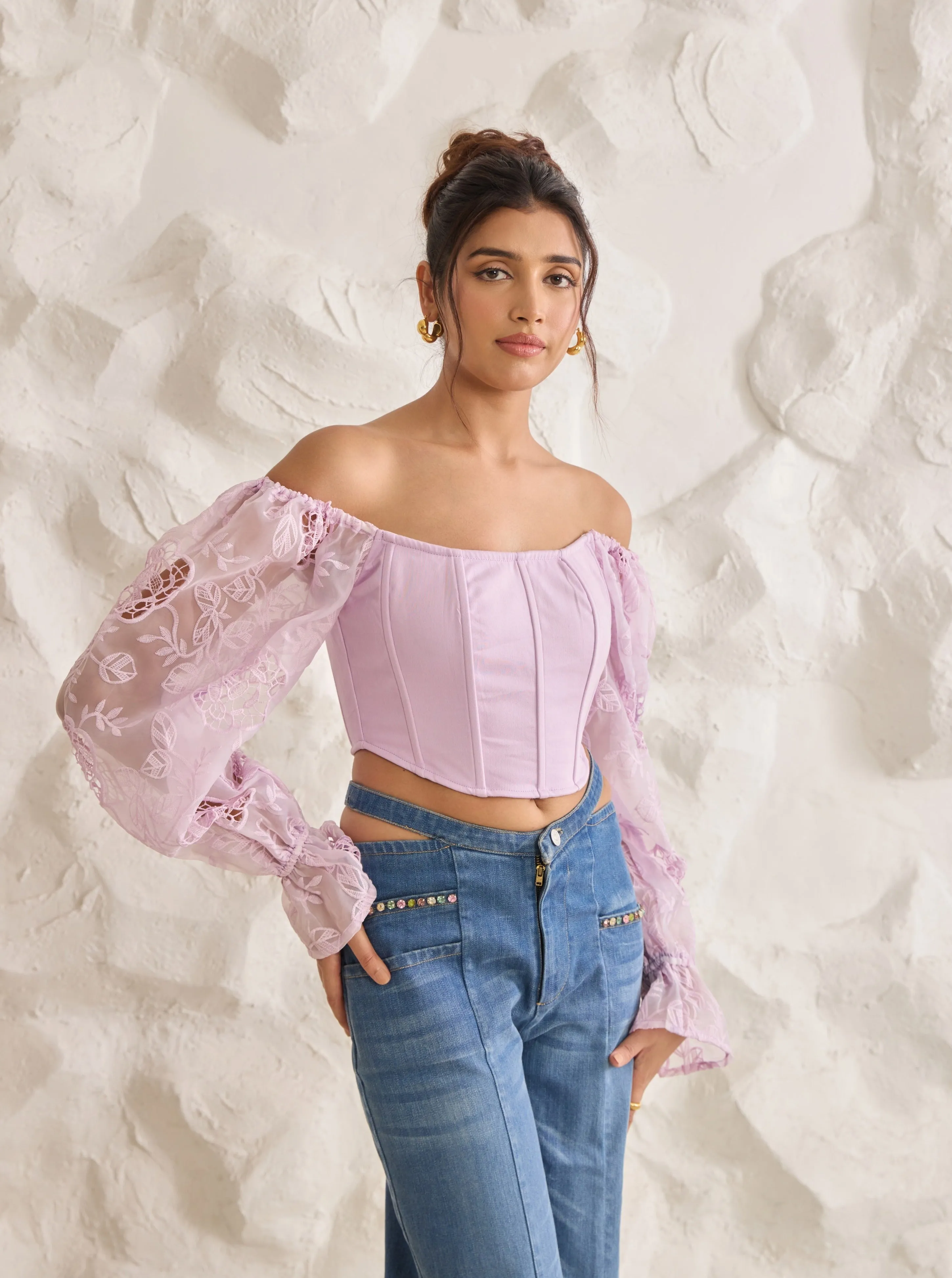 Sasha Lavender Embroidered Organza Sleeve Corset Top