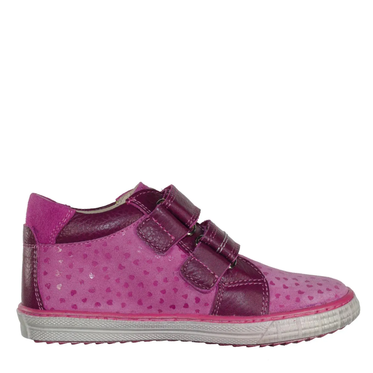 Szamos Kid Girl Sneakers Pink With Hearts And Burgundy Velcro Straps - Made In Europe