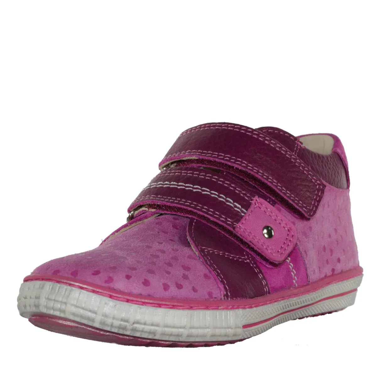 Szamos Kid Girl Sneakers Pink With Hearts And Burgundy Velcro Straps - Made In Europe