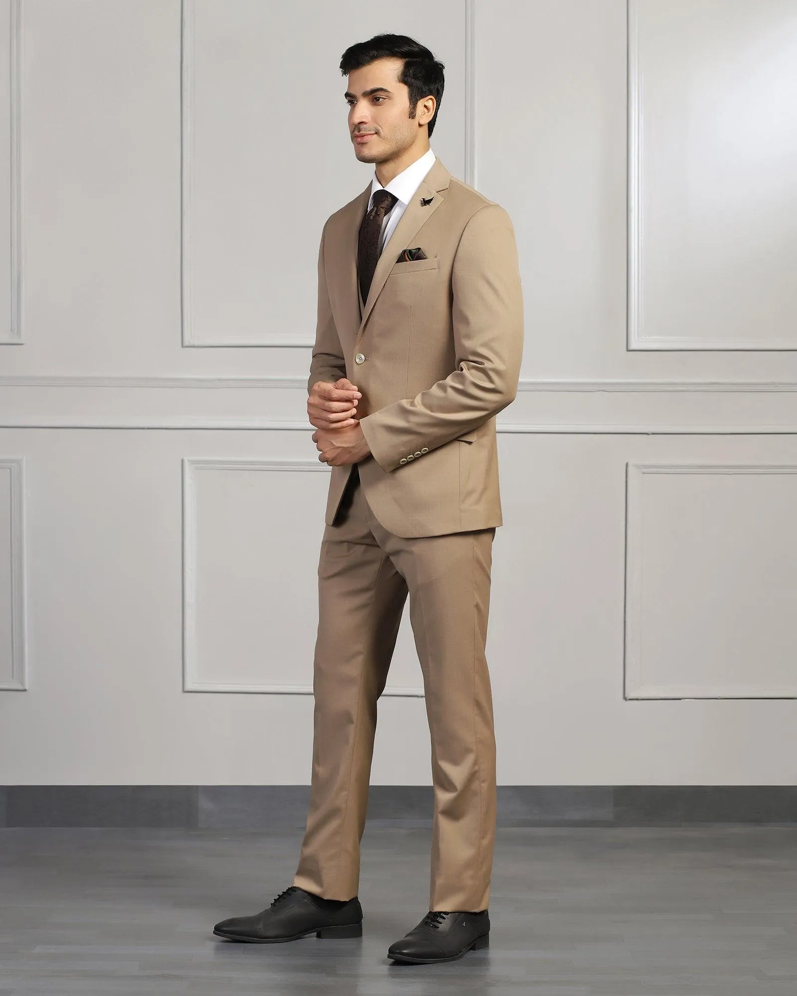 Three Piece Beige Solid Formal Suit - Beryl