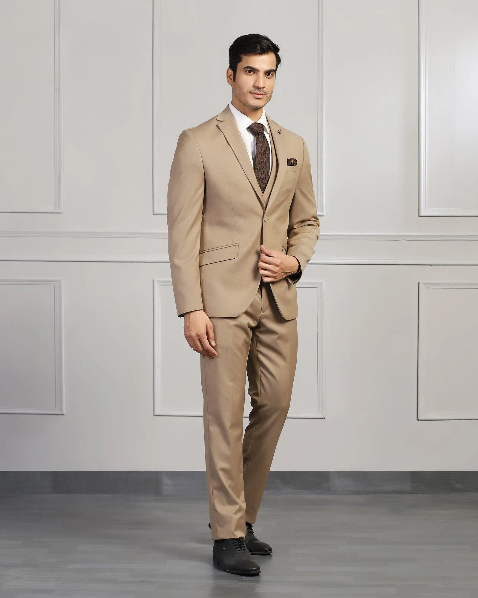 Three Piece Beige Solid Formal Suit - Beryl