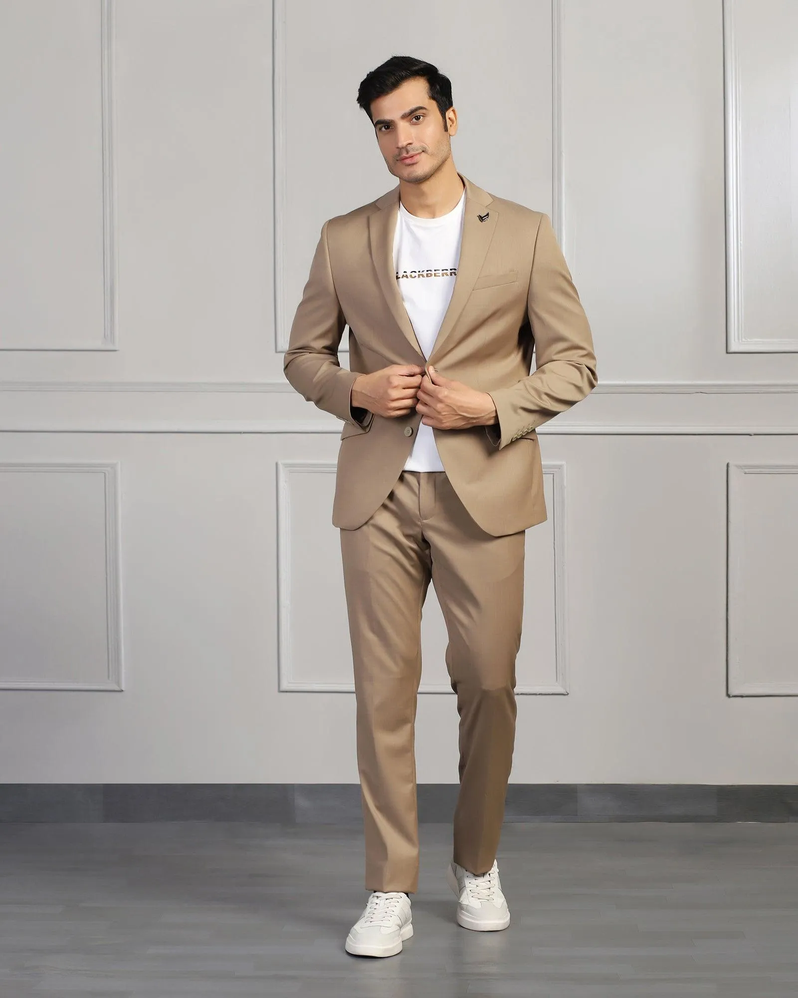 Three Piece Beige Solid Formal Suit - Beryl